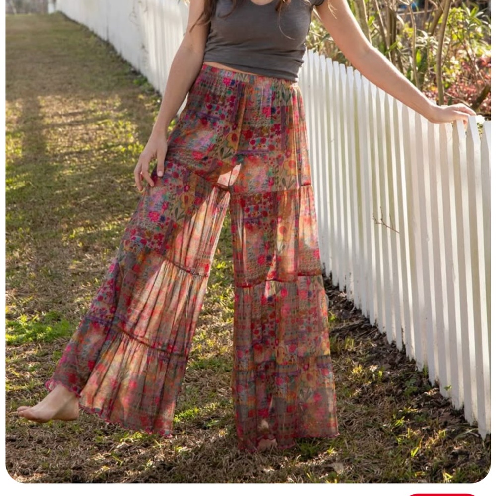 Natural life Bohemian Wide-Leg Mesh Floral Tiered Pants/top set- Multicolor